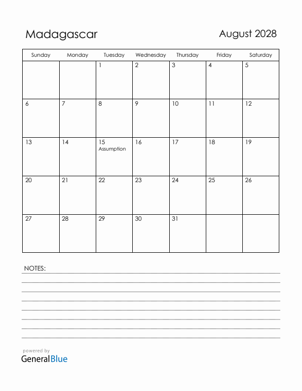 August 2028 Madagascar Calendar with Holidays (Sunday Start)