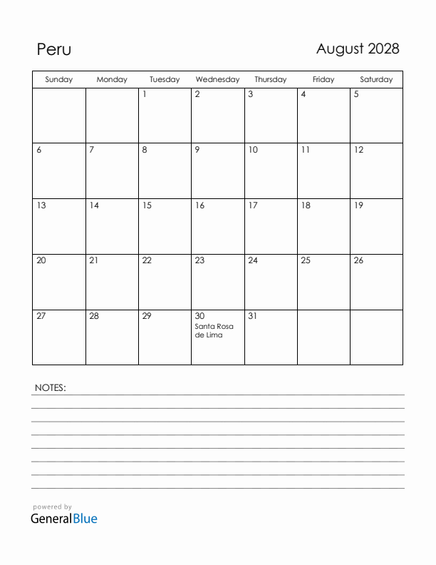 August 2028 Peru Calendar with Holidays (Sunday Start)