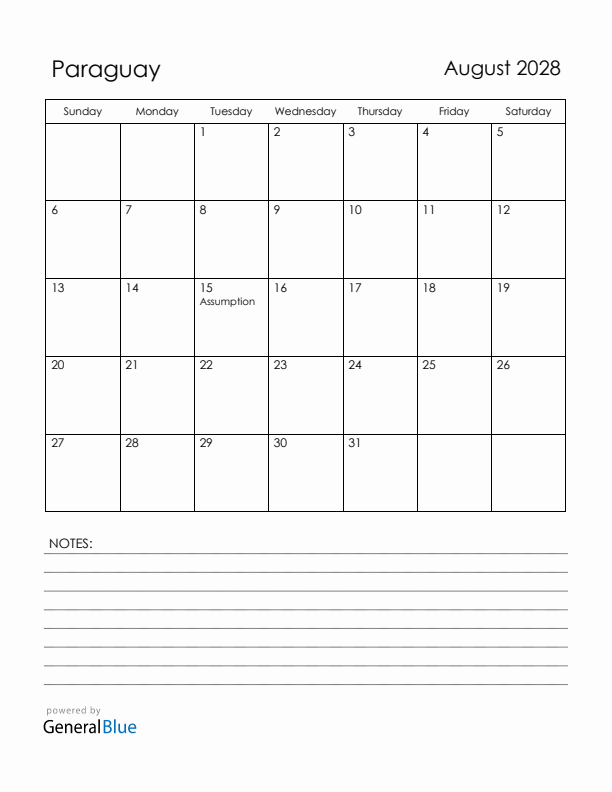 August 2028 Paraguay Calendar with Holidays (Sunday Start)