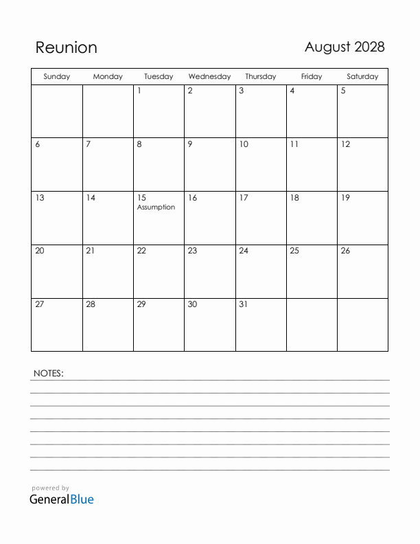 August 2028 Reunion Calendar with Holidays (Sunday Start)