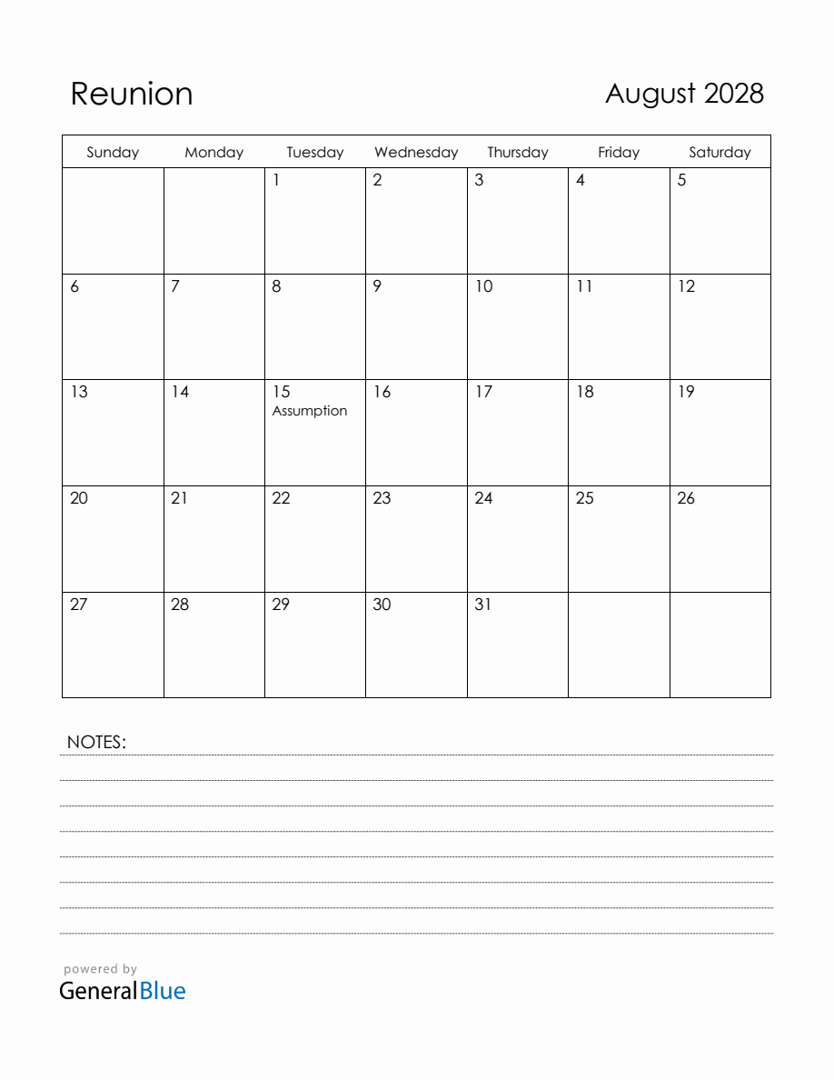 August 2028 Reunion Calendar with Holidays