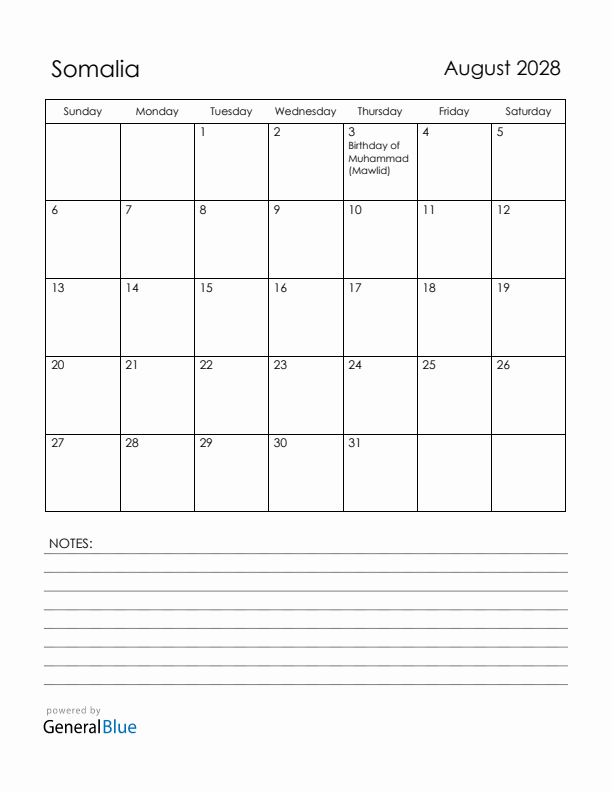 August 2028 Somalia Calendar with Holidays (Sunday Start)