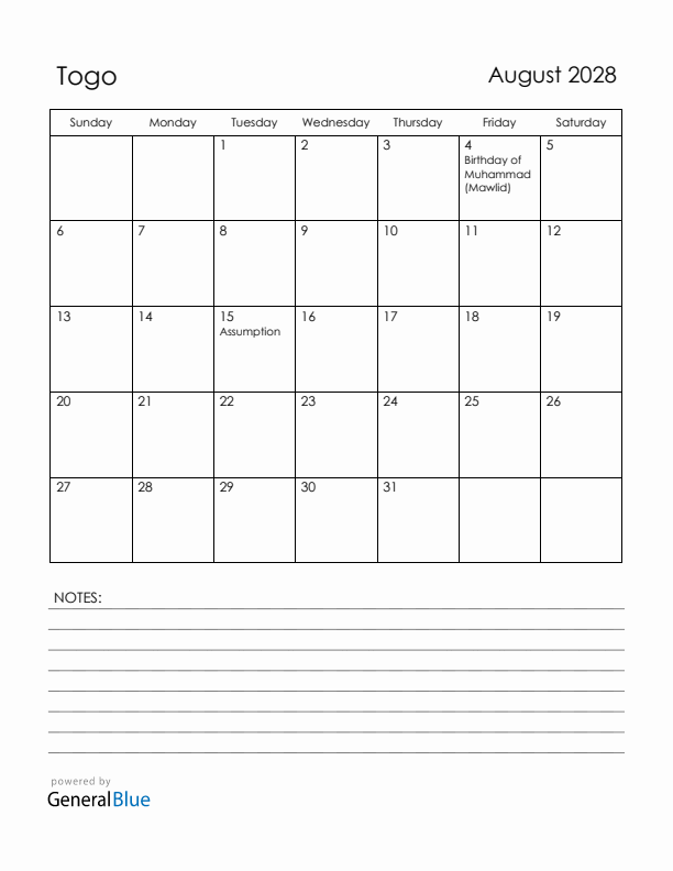 August 2028 Togo Calendar with Holidays (Sunday Start)