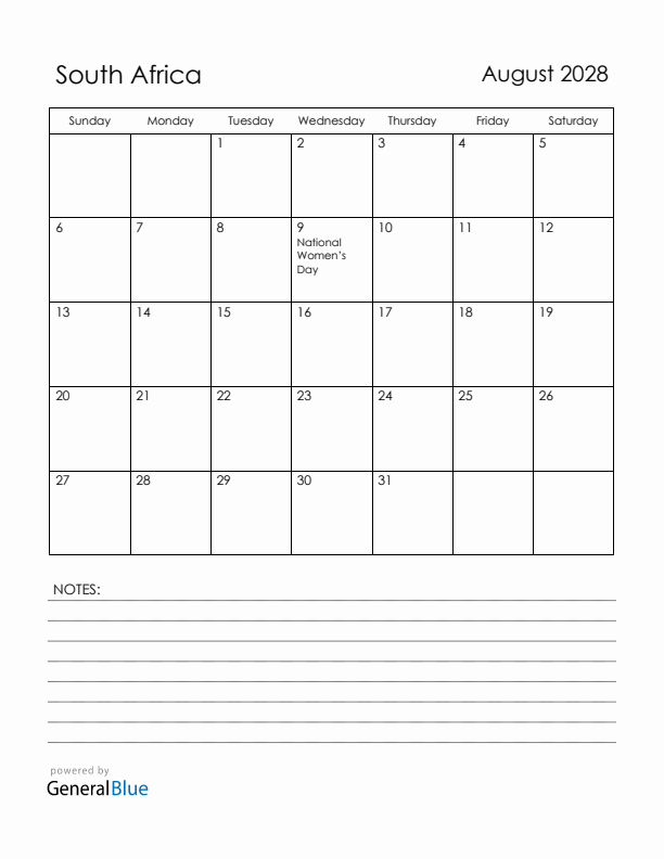 August 2028 South Africa Calendar with Holidays (Sunday Start)
