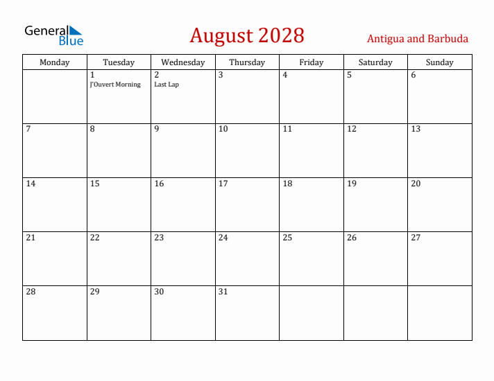 Antigua and Barbuda August 2028 Calendar - Monday Start