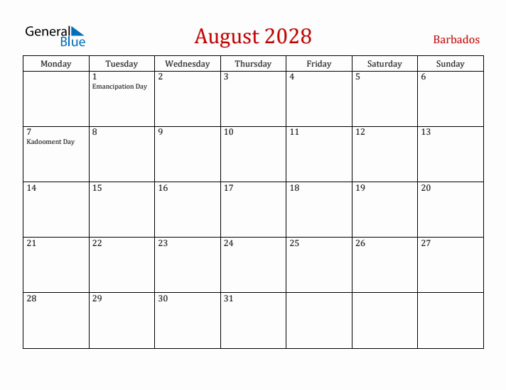 Barbados August 2028 Calendar - Monday Start