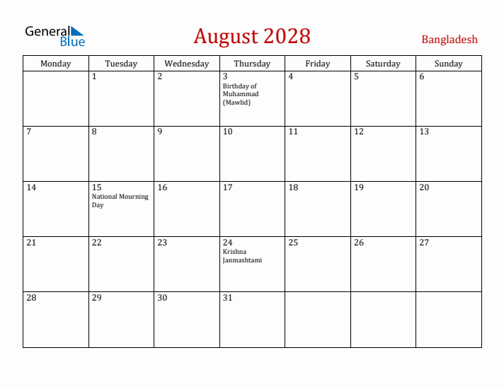 Bangladesh August 2028 Calendar - Monday Start