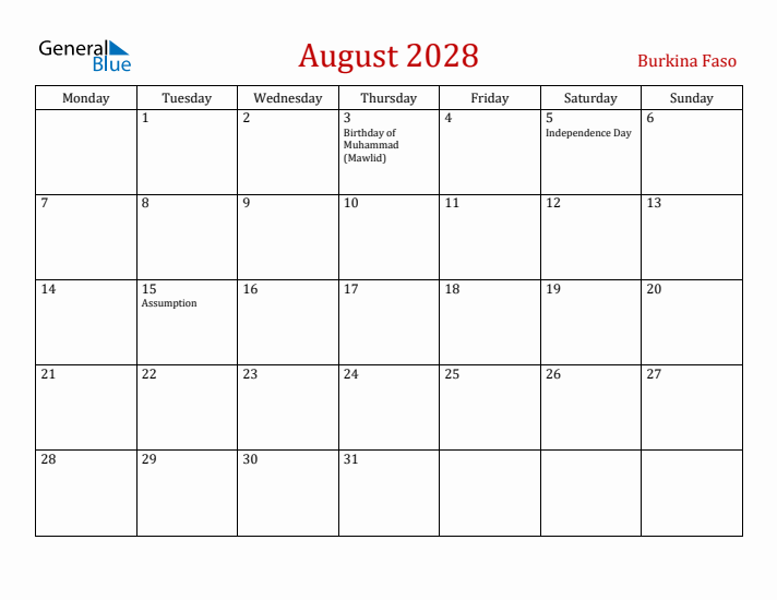 Burkina Faso August 2028 Calendar - Monday Start