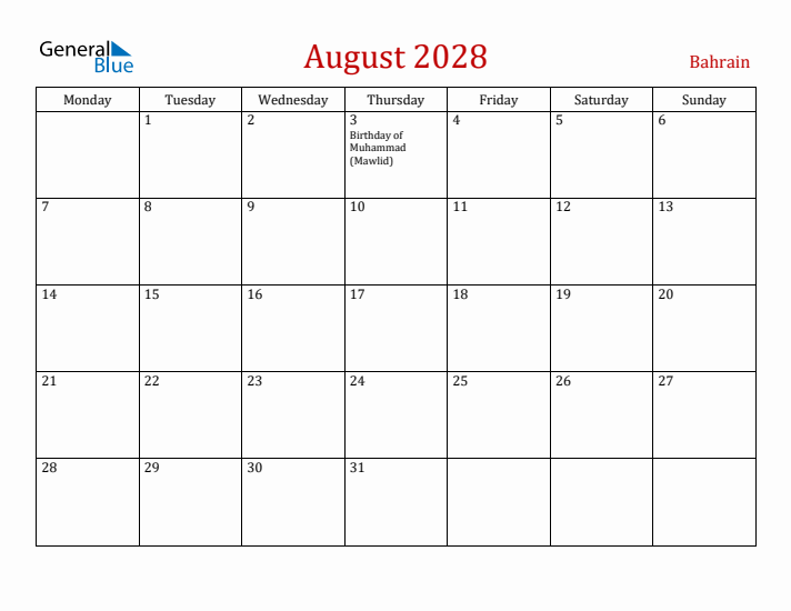 Bahrain August 2028 Calendar - Monday Start