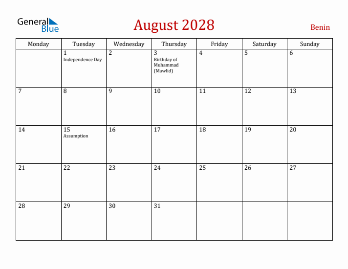 Benin August 2028 Calendar - Monday Start