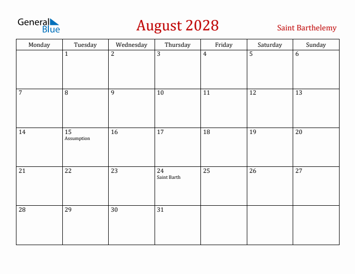 Saint Barthelemy August 2028 Calendar - Monday Start