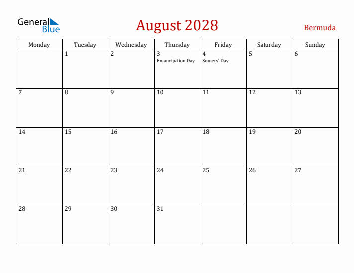 Bermuda August 2028 Calendar - Monday Start