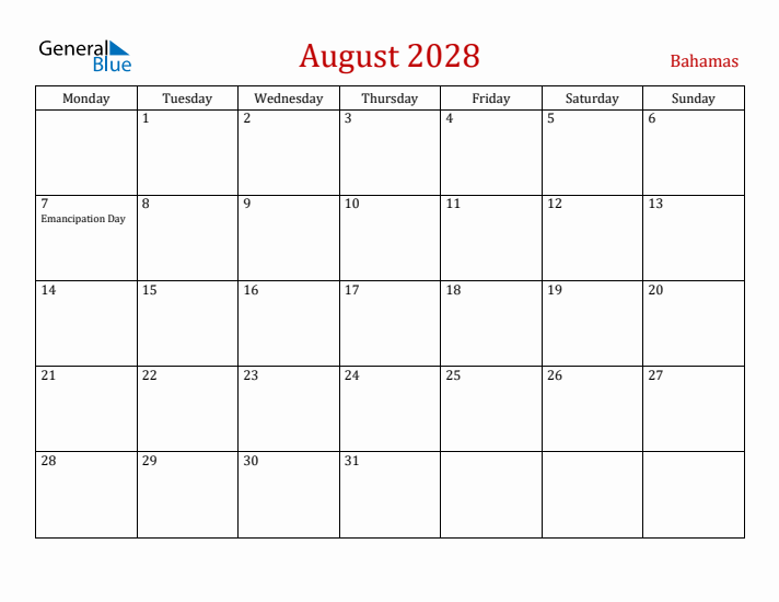 Bahamas August 2028 Calendar - Monday Start