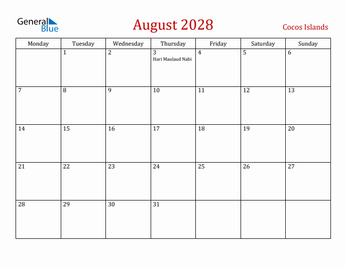 Cocos Islands August 2028 Calendar - Monday Start
