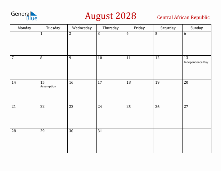 Central African Republic August 2028 Calendar - Monday Start