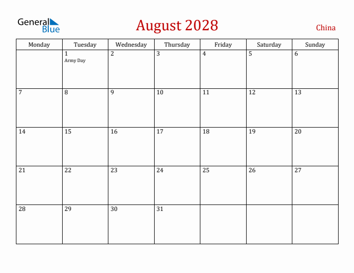 China August 2028 Calendar - Monday Start