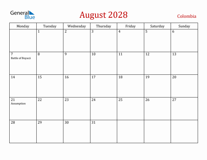 Colombia August 2028 Calendar - Monday Start
