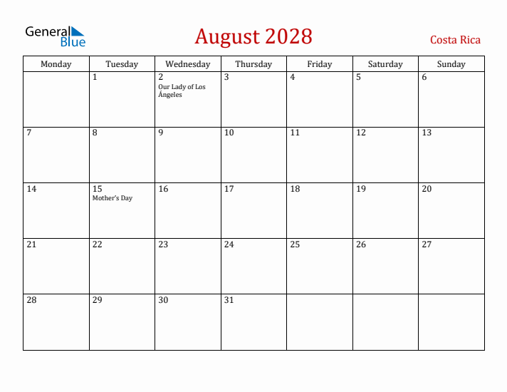 Costa Rica August 2028 Calendar - Monday Start