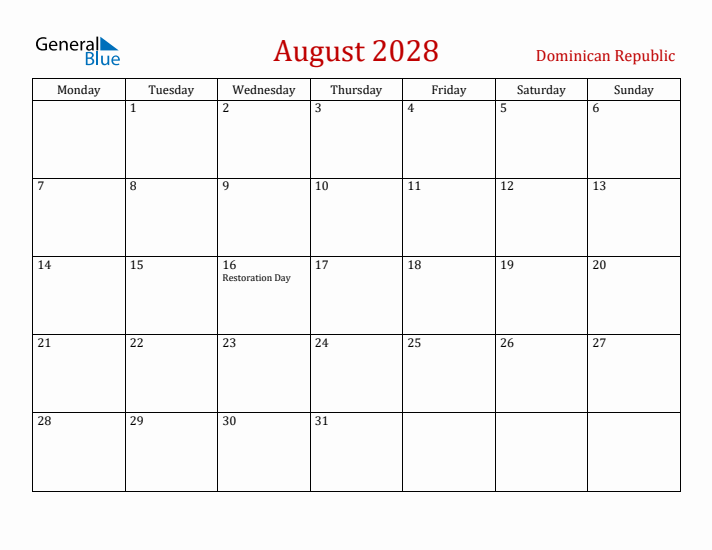 Dominican Republic August 2028 Calendar - Monday Start