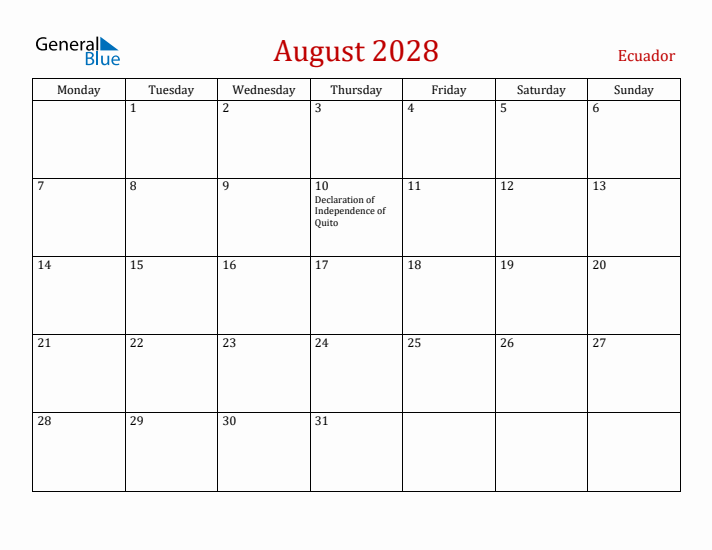 Ecuador August 2028 Calendar - Monday Start