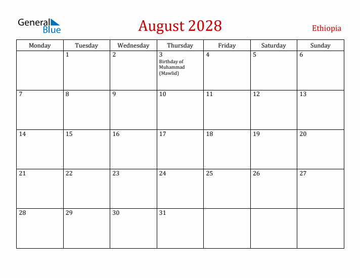 Ethiopia August 2028 Calendar - Monday Start