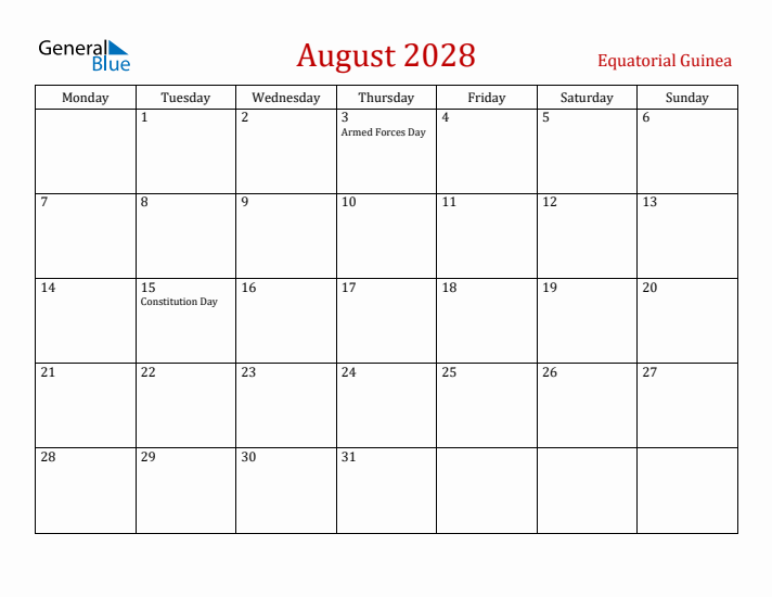 Equatorial Guinea August 2028 Calendar - Monday Start