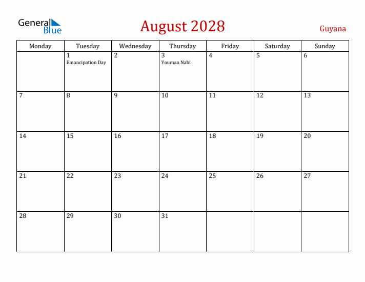 Guyana August 2028 Calendar - Monday Start