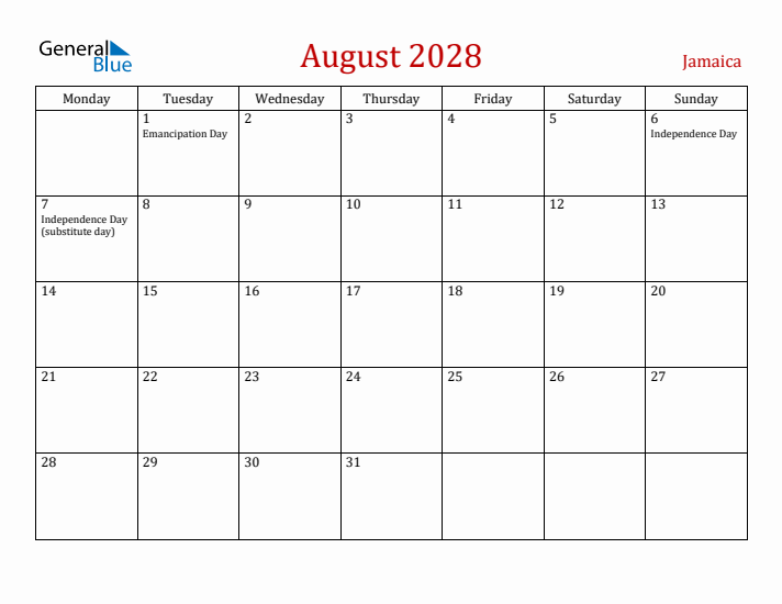 Jamaica August 2028 Calendar - Monday Start