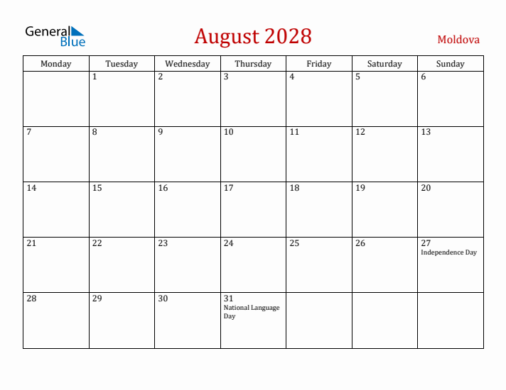 Moldova August 2028 Calendar - Monday Start