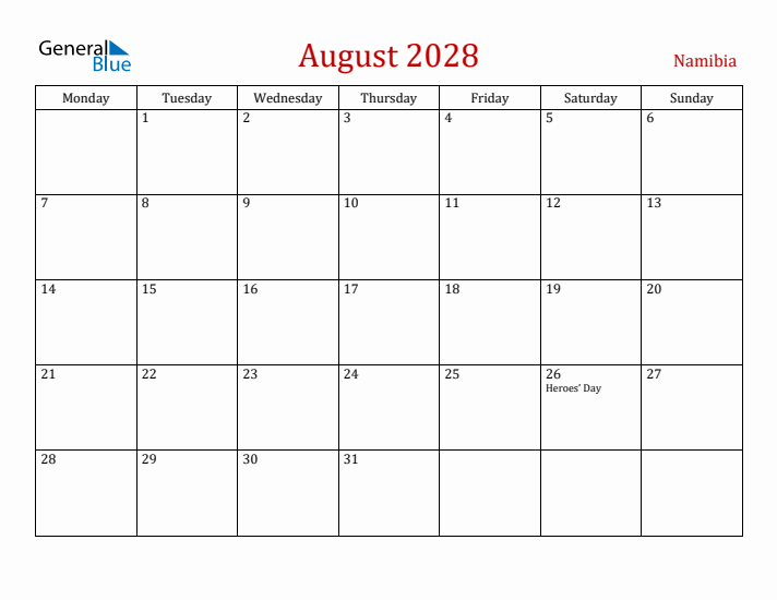 Namibia August 2028 Calendar - Monday Start