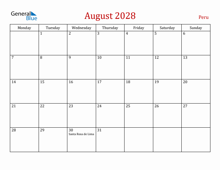 Peru August 2028 Calendar - Monday Start