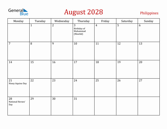 Philippines August 2028 Calendar - Monday Start