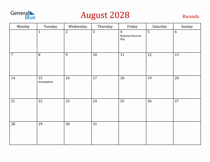 Rwanda August 2028 Calendar - Monday Start