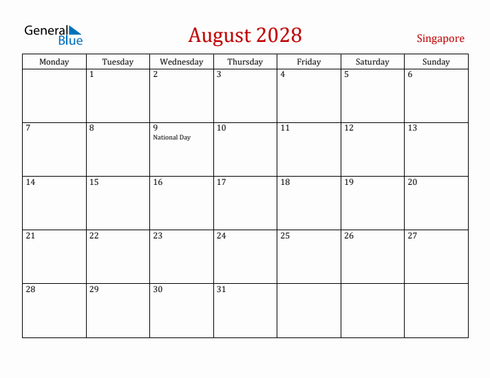 Singapore August 2028 Calendar - Monday Start