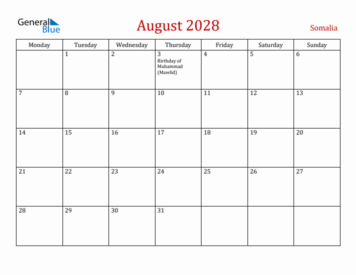 Somalia August 2028 Calendar - Monday Start
