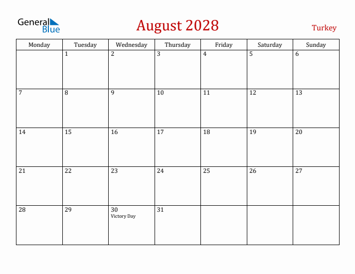 Turkey August 2028 Calendar - Monday Start