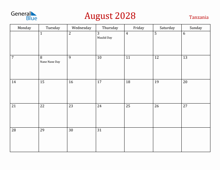 Tanzania August 2028 Calendar - Monday Start