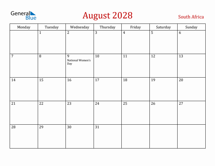 South Africa August 2028 Calendar - Monday Start