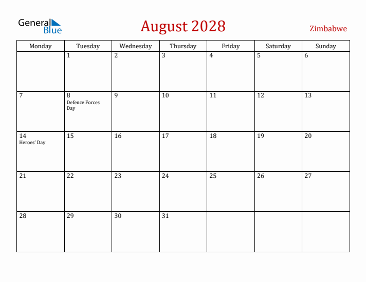 Zimbabwe August 2028 Calendar - Monday Start