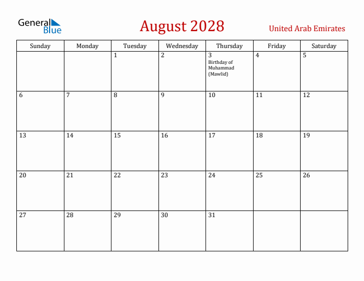 United Arab Emirates August 2028 Calendar - Sunday Start