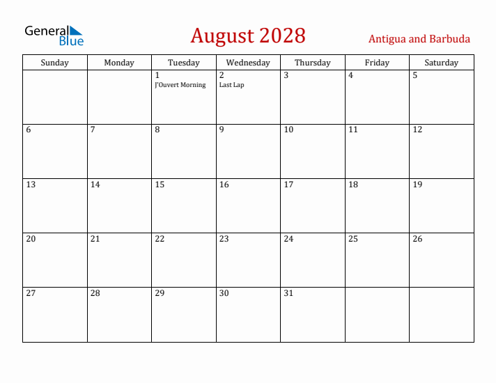 Antigua and Barbuda August 2028 Calendar - Sunday Start