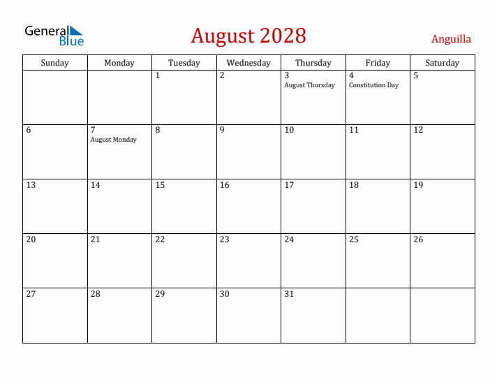 Anguilla August 2028 Calendar - Sunday Start