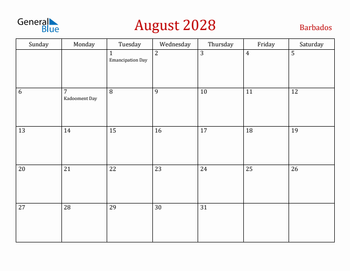 Barbados August 2028 Calendar - Sunday Start