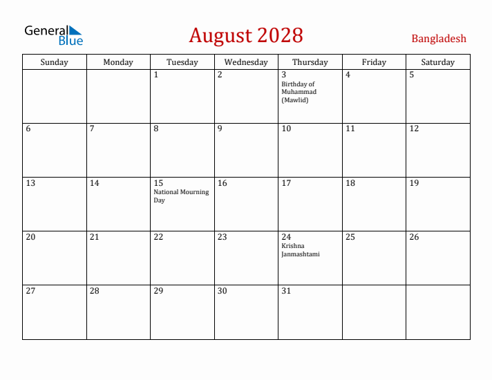 Bangladesh August 2028 Calendar - Sunday Start