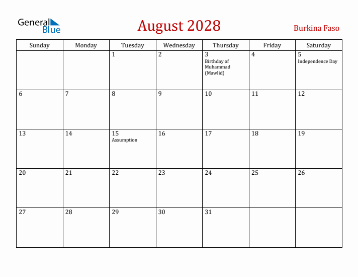 Burkina Faso August 2028 Calendar - Sunday Start