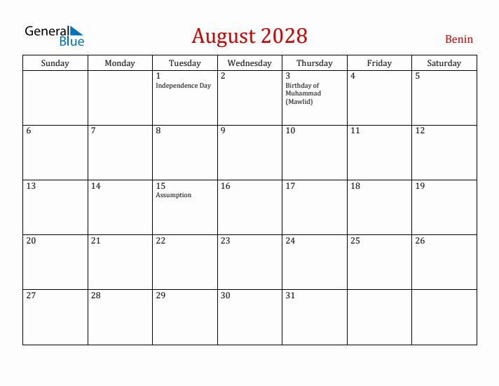 Benin August 2028 Calendar - Sunday Start