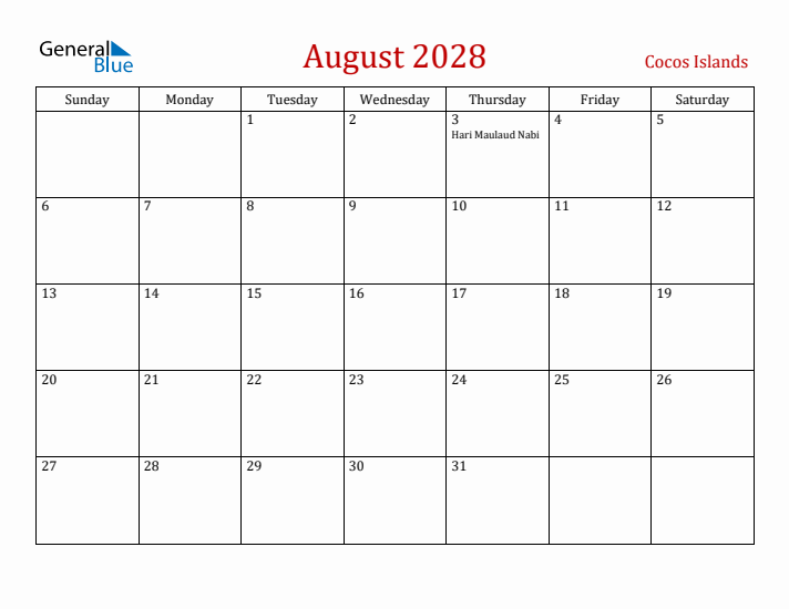 Cocos Islands August 2028 Calendar - Sunday Start
