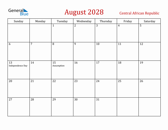 Central African Republic August 2028 Calendar - Sunday Start