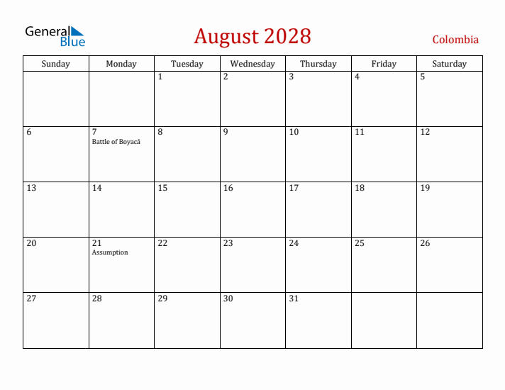Colombia August 2028 Calendar - Sunday Start