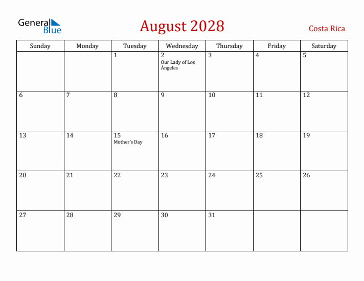 Costa Rica August 2028 Calendar - Sunday Start